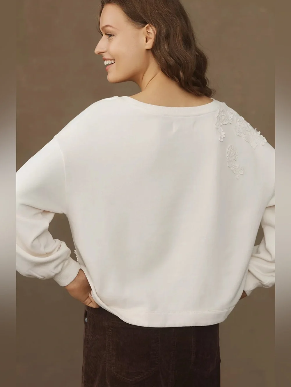 By Anthropologie Crochet Appliqué Pullover Off-Shoulder Sweatshirt Cream